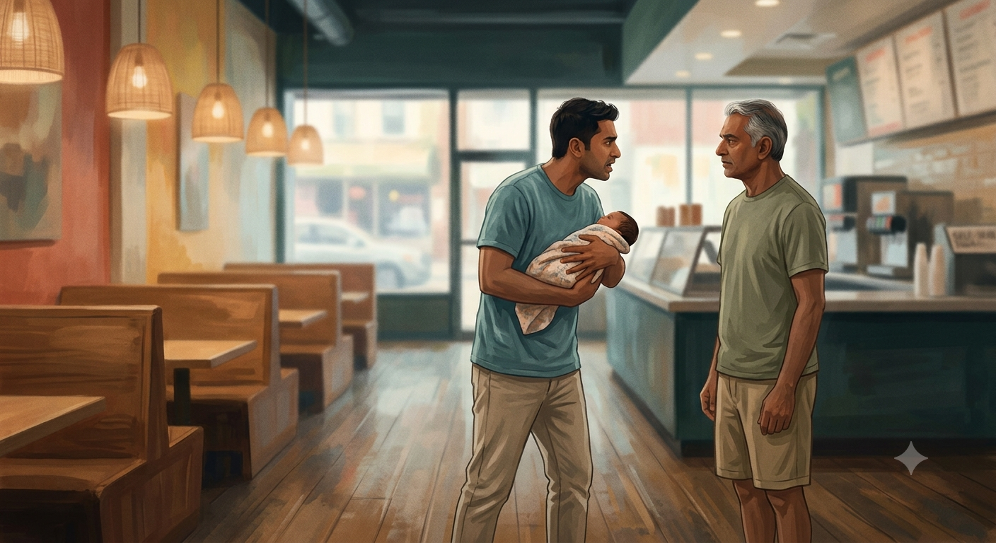 _a young father cradling a swaddled newborn faces an older man across a quiet restaurant floor, both mid-argument